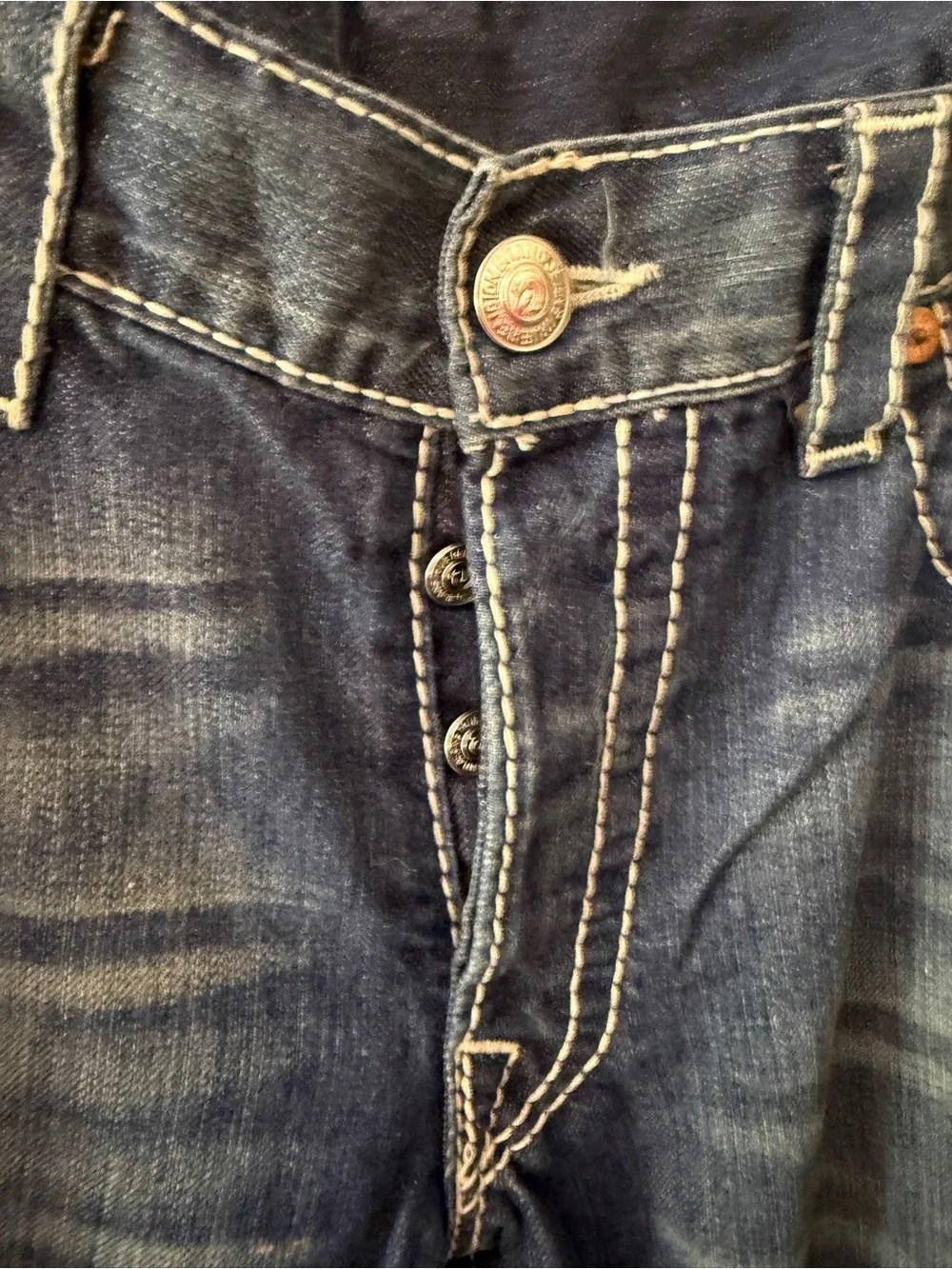 Y2K vintage True Religion Men's Dark Blue Jeans with crystal rhinestone design